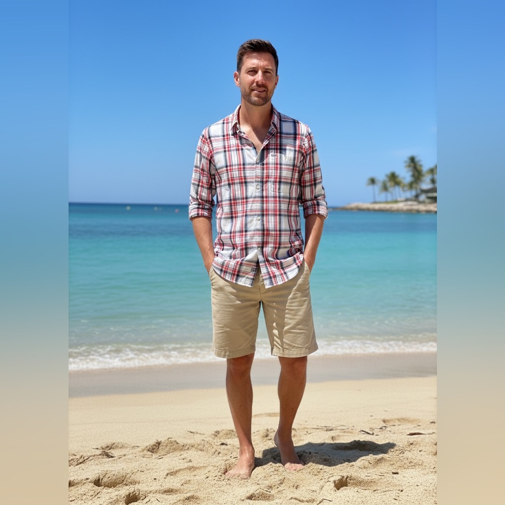 Columbia White, Red and Gray Plaid Button-Up Shirt